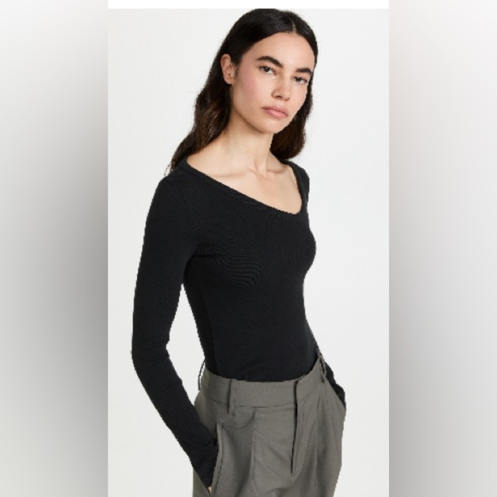 Tibi Black Ribbed Tee with Asymmetrical Neckline - Size L